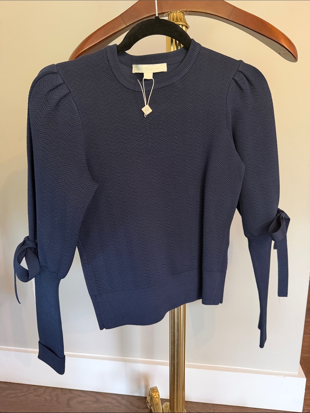 Jonathan Simkhai Navy Puff-Sleeve Tie-Cuff Sweater